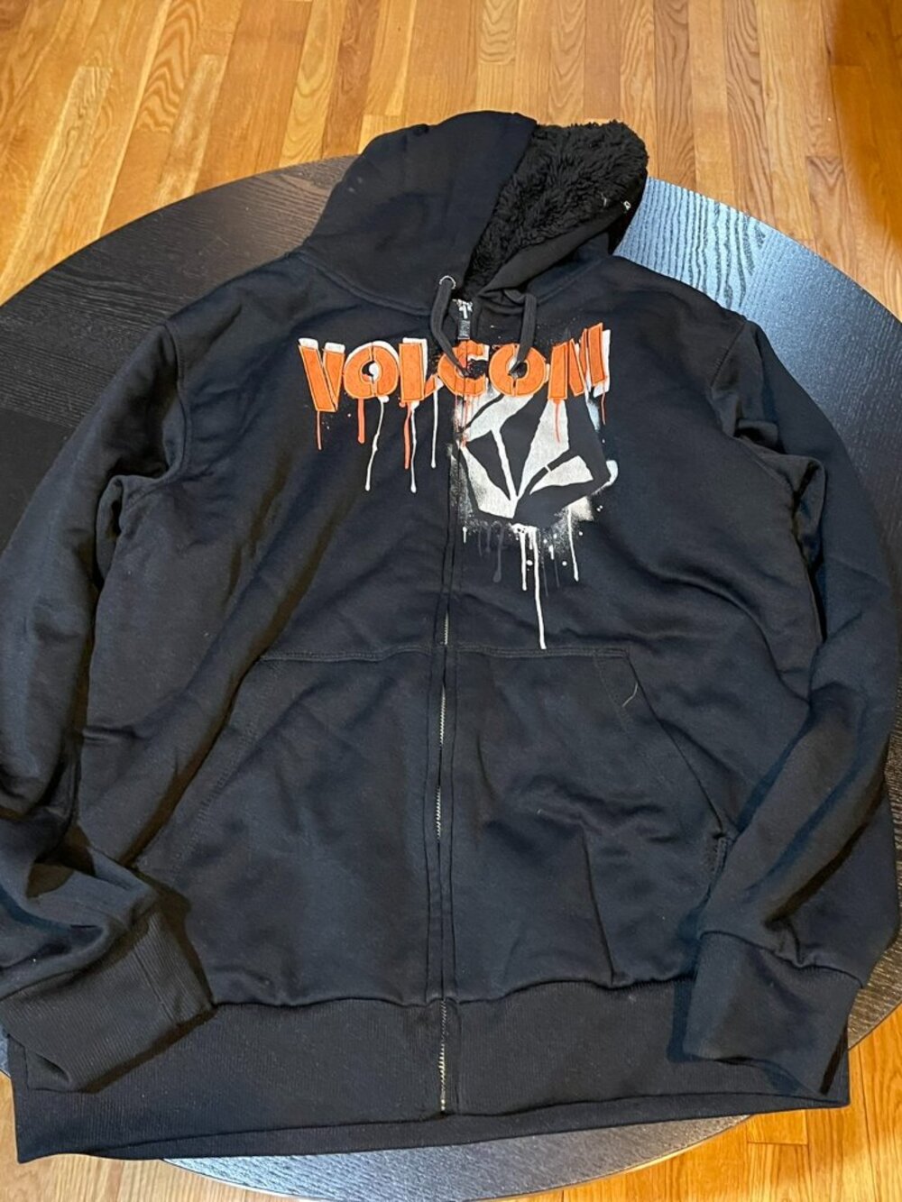Vintage Volcom Stone Zip-up Hoodie - Black and Prominent Orange Drippy Logo